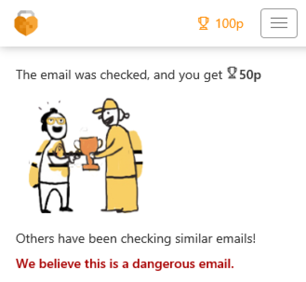 Screenshot showing a user rewards for checking an email with MailRisk.